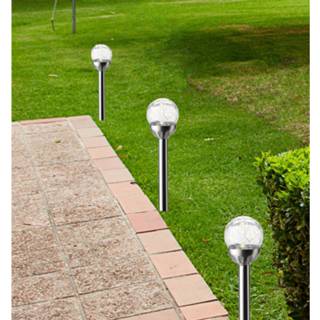 👉 Buitenlamp RVS One Size zilver 5x Solar tuinlampen glazen bol op zonne-energie 36 cm - Tuinverlichting 8720576051627