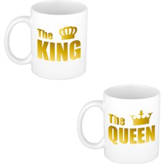 👉 Beker active wit The queen en king cadeau mok / met gouden kroon letters 300 ml