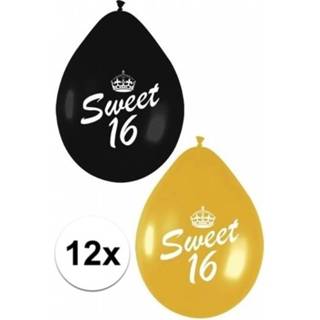 👉 Ballon zwart goud One Size meerkleurig 12x Sweet Sixteen themafeest ballonnen zwart/goud - Feestartikelen leeftijd 16 8719538487109