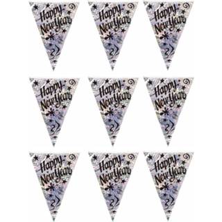 👉 Vlaggenlijn 8x stuks / slinger Happy New Year holografisch 3.6 meter