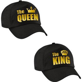 👉 The King / The Queen petten zwart met gouden kroon voor koppels