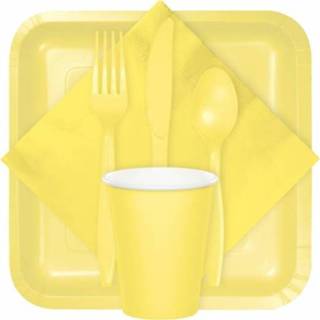 👉 Bestek geel plastic One Size party set 96-delig - messen/vorken/lepels herbruikbaar BBQ verjaardag feestje artikelen 8720276231909