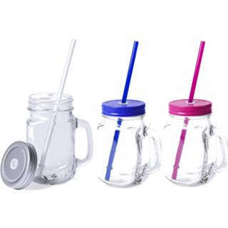 👉 Drinkbeker roze One Size meerkleurig 9x stuks Glazen Mason Jar drinkbekers met dop en rietje 500 ml - 3x zilver/3x blauw/3x afsluitbaar/niet lekken/fruit shakes 8720576130896