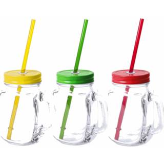 👉 Drinkbeker rood One Size meerkleurig 12x stuks Glazen Mason Jar drinkbekers met dop en rietje 500 ml - 4x geel/4x groen/4x afsluitbaar/niet lekken/fruit shakes 8720576130865