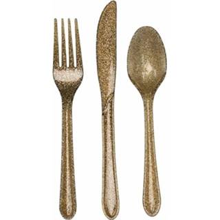 👉 Plastic bestek goud One Size Glitter 24x delig - herbruikbaar Messen, vorken, lepels 8719538045507
