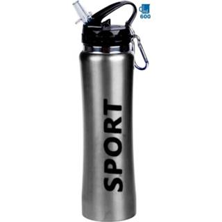 👉 Sportbidon zilver aluminium One Size Sport Bidon drinkfles/waterfles print 600 Ml van met karabijnhaak 8720576402283