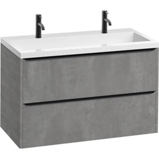 👉 Badmeubelset grijs zwart Saniselect Socan Slimline 100x40cm met 2 kraangaten Beton Grijs/Zwart 8714175988422