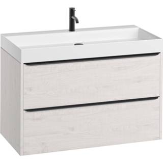 👉 Meubelset wit zwart Saniselect Socan 2 lades hoge mineraalmarmeren wastafel 100cm 1 kraangat Pool Wit/Zwart 8714176013123