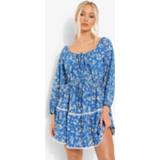 👉 Bloemen Skater Jurk Met Uitgesneden Hals En Pofmouwen, Blue