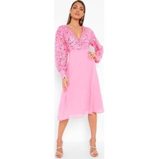 👉 Midi Wikkel Skater Jurk Met Pailletten, Bright Pink