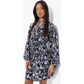 👉 Tall Geplooide Bloemen Mini Jurk Met Hals Strik, Black