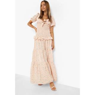 Bloemen Maxi Jurk Met Strik En Laagjes, Peach Bloemen Maxi Jurk Met Strik En Laagjes, Peach