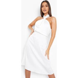 👉 Satijnen Gedraaide Midi Bruidsmeisjes Jurk Met Halter Neck, White