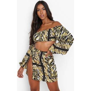 👉 Sjaal Print Crop Top Met Uitgesneden Hals En Volle Mouwen, Black