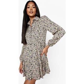 👉 Gesmokte Bloemen Blouse Jurk, Black