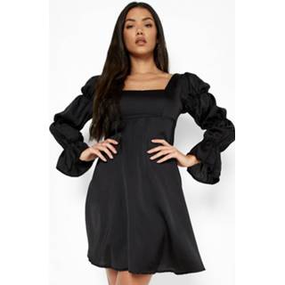 Satijnen Skater Jurk Met Pofmouwen En Vierkante Hals, Black