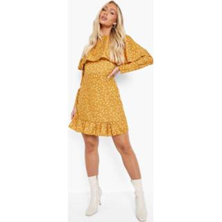 👉 Skater Jurk Met Stippen En Wijde Mouwen, Mustard