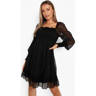 👉 Dobby Mesh Skater Jurk Met Pofmouwen En Geplooide Zoom, Black