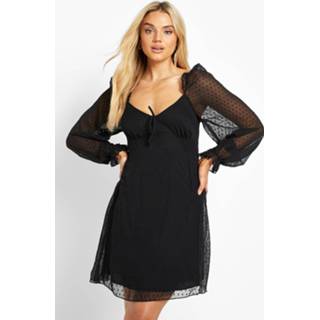 👉 Dobby Mesh Skater Jurk Met Lange Mouwen En Strik, Black