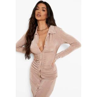 👉 Strakke Geplooide Midi Blouse Jurk Met Textuur, Beige
