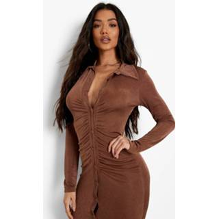 👉 Strakke Geplooide Midi Blouse Jurk Met Textuur, Chocolate