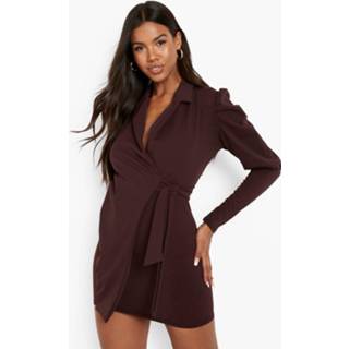 👉 Wikkel Blazer Jurk Met Pofmouwen, Chocolate
