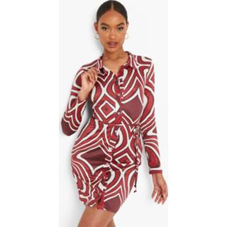 👉 Strakke Marmerprint Blouse Jurk Met Lange Mouwen, Red