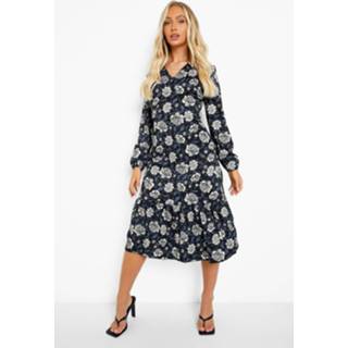 👉 Bloemenprint Mini Jurk Met Losvallende Zoom, Chocolate