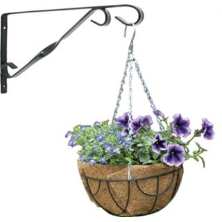 👉 Hanging basket GeenKleur One Size grijs groen metaal 25 cm met klassieke muurhaak donkergrijs en kokos inlegvel - hangende bloempot set 8720576336205