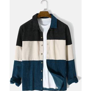 👉 Shirt polyester XL male blauw Corduroy Panel Stitching Shirts