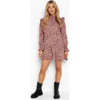 👉 Geplooide Skater Jurk Met Hoge Hals, Ruches En Vegen, Pink