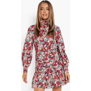 👉 Geplooide Bloemen Skater Jurk Met Hoge Hals, Pink