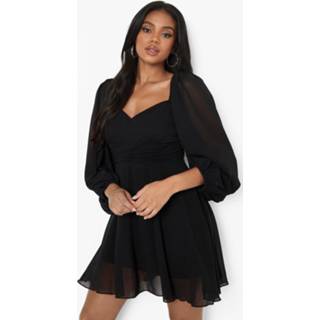 👉 Petite Geweven Skater Jurk Met Pofmouwen, Black