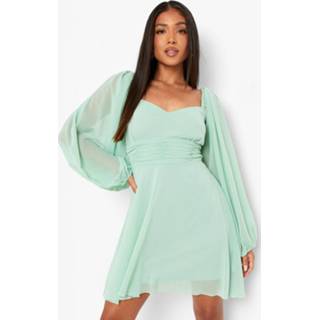 👉 Skater jurk sage Petite Geweven Met Pofmouwen,