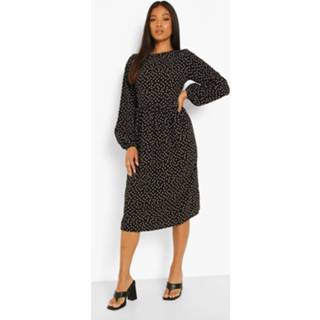 👉 Petite Gesmokte Midi Jurk Met Lange Mouwen En Stippen, Black
