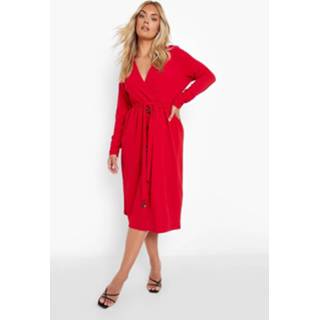 👉 Plus Midi Jurk Met Ceintuur, Knopen En Lange Mouwen, Red