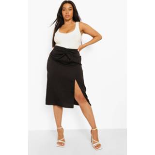 Plus Gedraaide Opgeknoopte Satijnen Midi Rok, Black