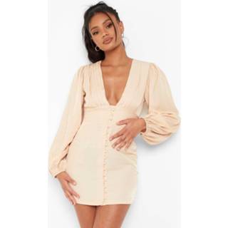 👉 Petite Mini Jurk Met Ballonmouwen En Laag Decolleté, Stone