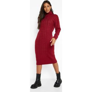 👉 Grof Gebreide Midi Jurk Met Col, Dark Red