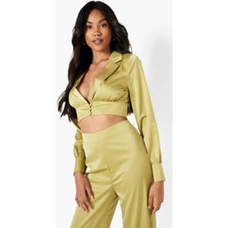 👉 Matte Satijnen Blouse Met Laag Uitgesneden Decolleté, Olive