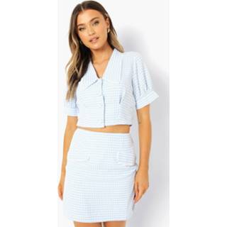 Dogtooth Geruite Blouse Met Pofmouwen, Powder Blue