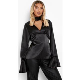 Satijnen Peplum Blouse Met Choker Detail, Black