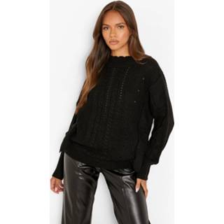 👉 Grof Gebreide Trui Met Geplooide Zoom, Black