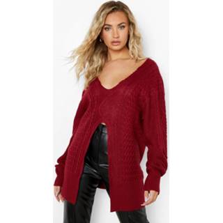 👉 Grof Gebreide Trui Met Split, Dark Red