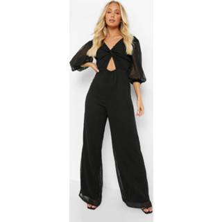 👉 Dobby Jumpsuit Met Pofmouwen En Uitsnijding, Black