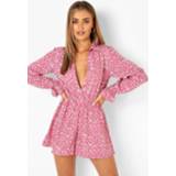 👉 Dierenprint Romper Met Geplooide Manchettes En Blouse Detail, Rose