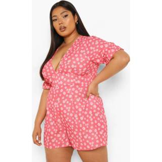 👉 Plus Bloemen Romper Met Pofmouwen En Laag Decolleté, Red