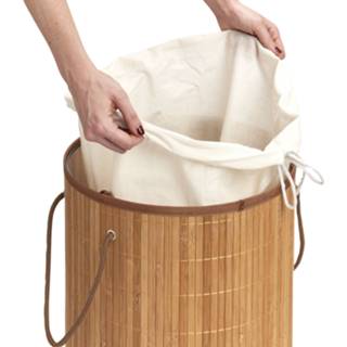 👉 1x Luxe ronde bruine wasmanden van bamboe hout 35 x 60 cm - Zeller - Huishouding/huishouden - Schoonmaakartikelen - Was sorteren/verzamen - Wasgoedmanden/wasmanden - Ronde wasmanden