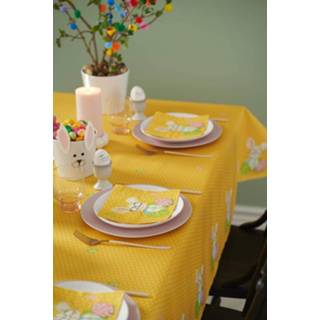 👉 Tafelkleed geel One Size meerkleurig Pasen tafeldecoratie set paashaas print tafelkleed, 6x paaskuikentjes en 20x servetten - paasfeest versiering 8720276931236
