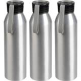 👉 Waterfles grijze aluminium zilver kunststof 3x Stuks waterfles/drinkfles met schroefdop 650 ml